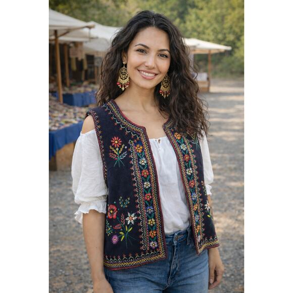 Vintage Hungarian Matyo Embroidered Vest Kalocsa Folk art Boho Cottagecore